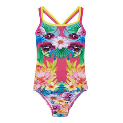 Girls' multi-coloured flower patterned swimsuit